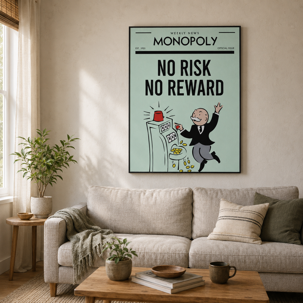 Πίνακας Monopoly «No Risk, No Reward» σε φωτεινό μοντέρνο σαλόνι με εκρού καναπέ.

