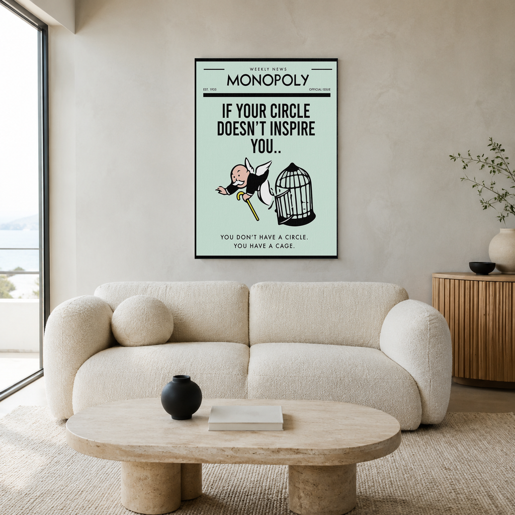 Πίνακας Monopoly «If Your Circle Doesn’t Inspire You» σε φωτεινό μοντέρνο σαλόνι με καναπέ.
