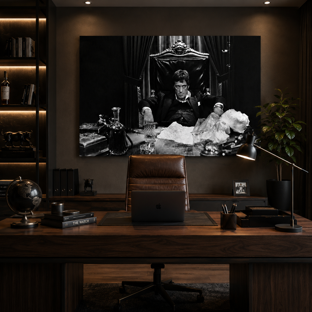 Ασπρόμαυρος πίνακας Scarface με τον Tony Montana σε μοντέρνο home office με ξύλινο γραφείο, δερμάτινη καρέκλα και ζεστό ατμοσφαιρικό φωτισμό.