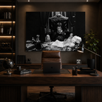 Ασπρόμαυρος πίνακας Scarface με τον Tony Montana σε μοντέρνο home office με ξύλινο γραφείο, δερμάτινη καρέκλα και ζεστό ατμοσφαιρικό φωτισμό.