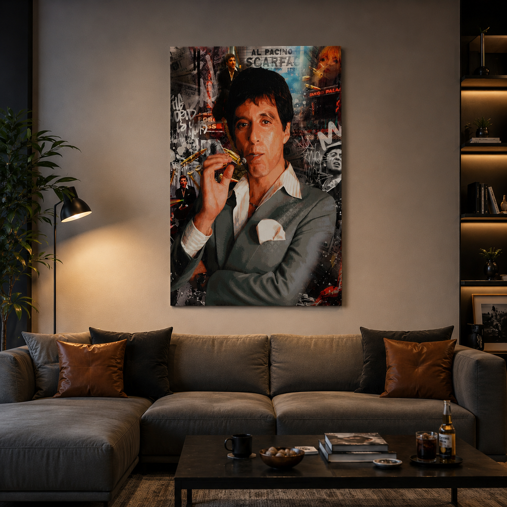 Πίνακας Scarface με τον Tony Montana και πούρο, σε μοντέρνο σαλόνι με γκρι γωνιακό καναπέ και ζεστό φωτισμό.