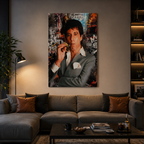 Πίνακας Scarface με τον Tony Montana και πούρο, σε μοντέρνο σαλόνι με γκρι γωνιακό καναπέ και ζεστό φωτισμό.