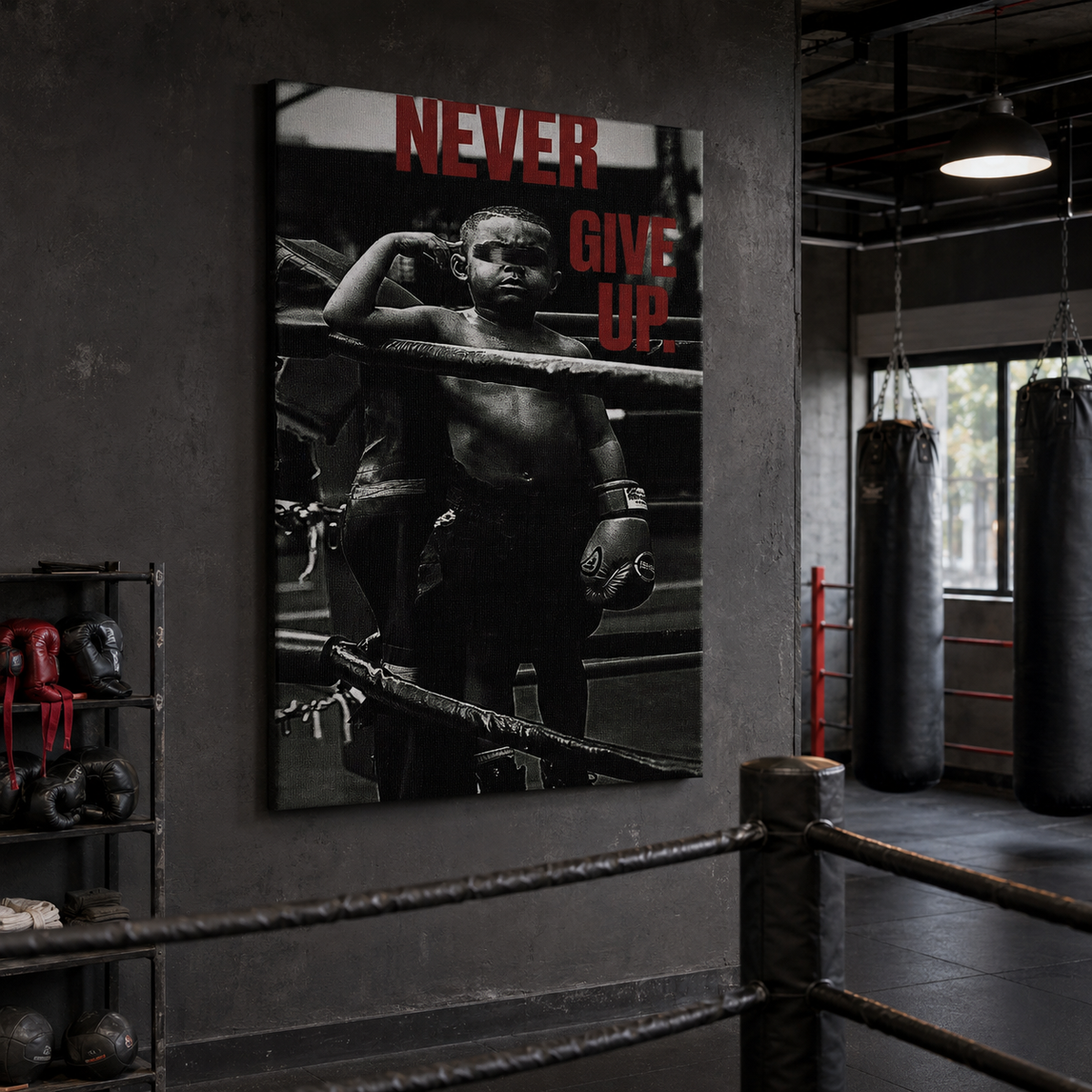 Πίνακας «Never Give Up» με μικρό πυγμάχο σε industrial γυμναστήριο μποξ.