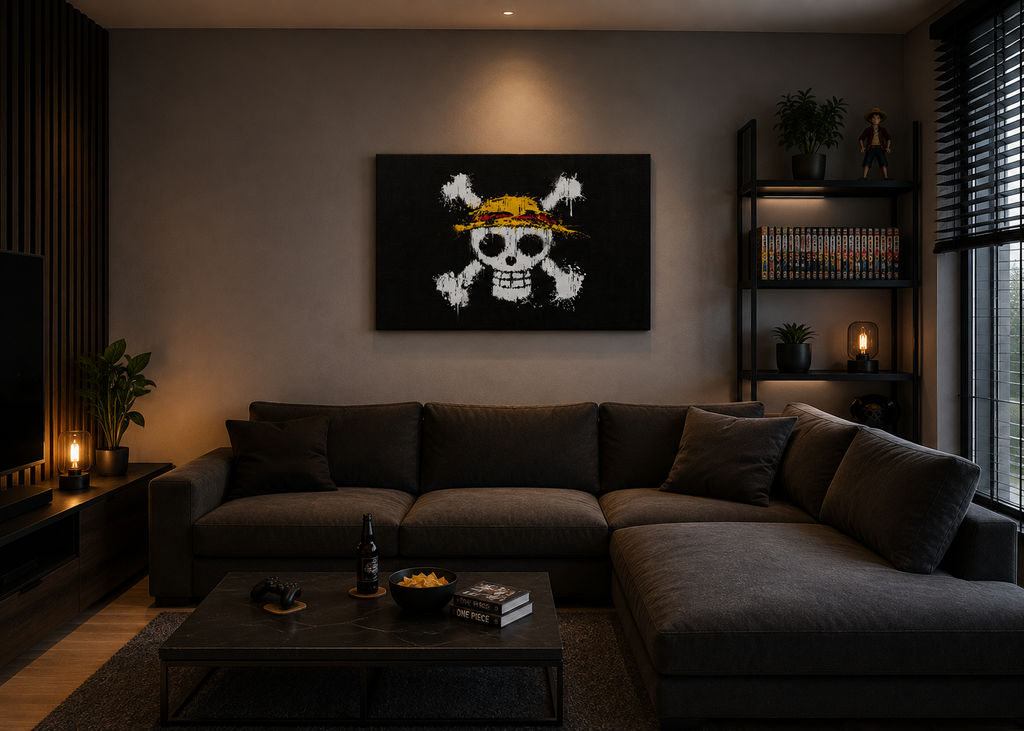 Πίνακας One Piece με Jolly Roger σε μοντέρνο σαλόνι.
