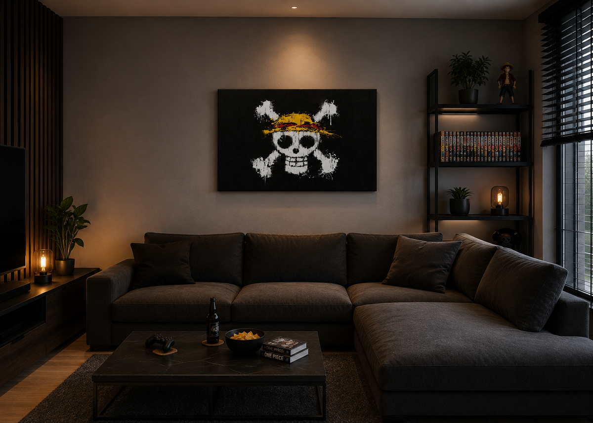 Πίνακας One Piece με Jolly Roger σε μοντέρνο σαλόνι.
