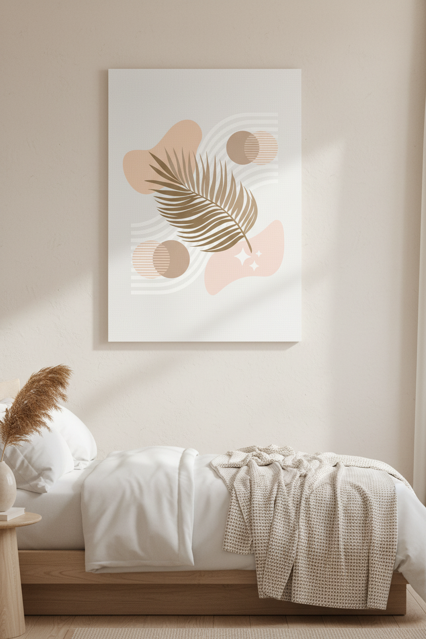 Palm & Moon canvas in minimal bedroom