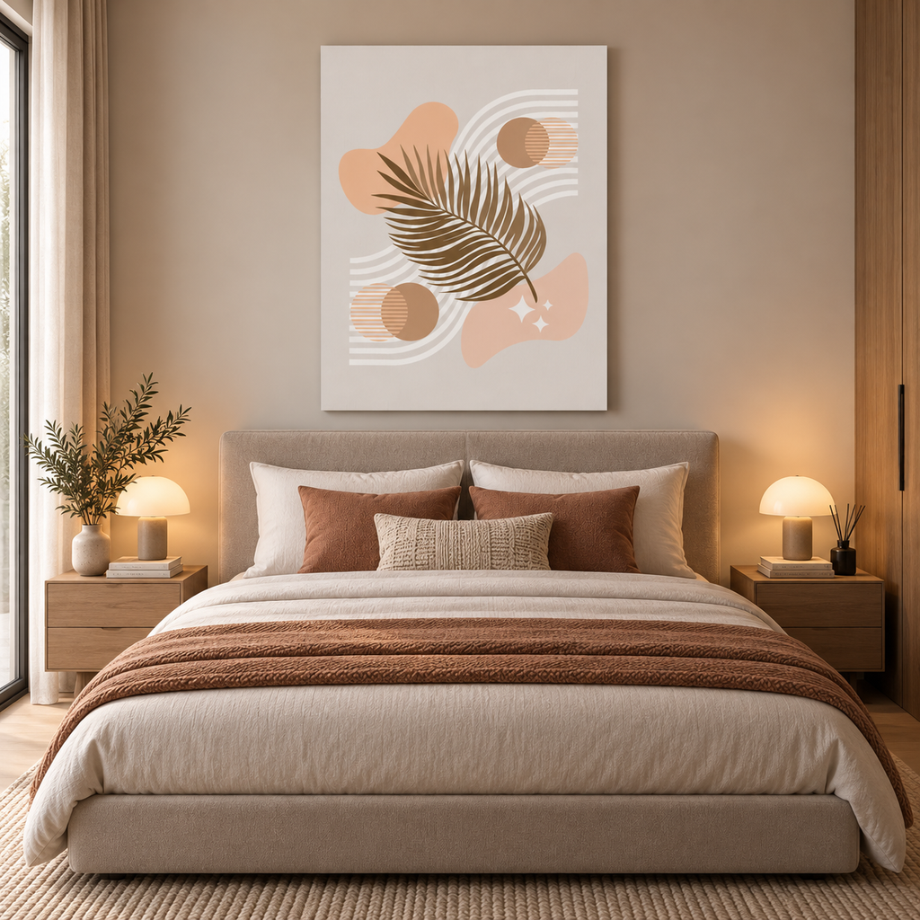 Boho abstract πίνακας με φύλλο σε μοντέρνα κρεβατοκάμαρα.
