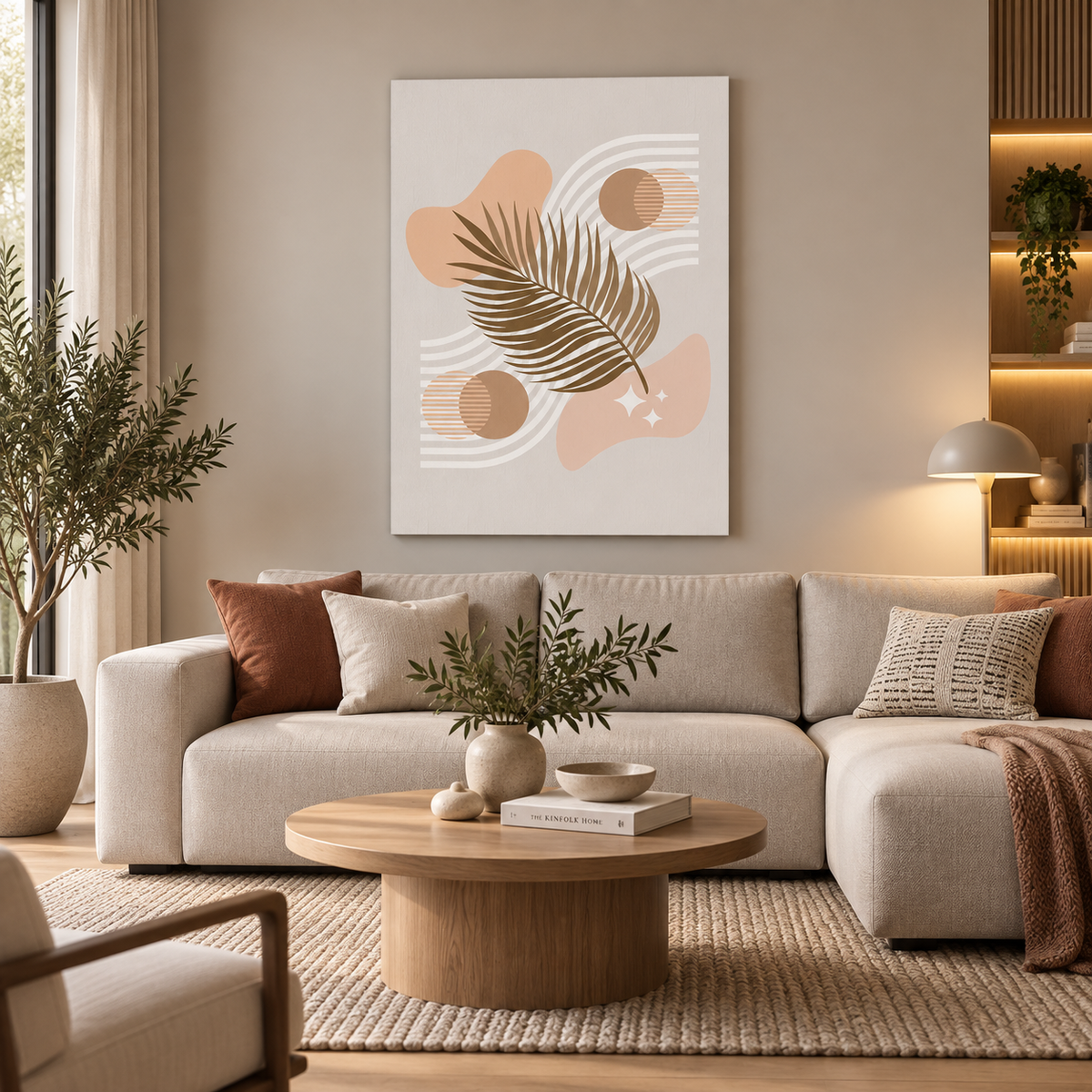 Boho abstract πίνακας με φύλλο σε μοντέρνο σαλόνι.