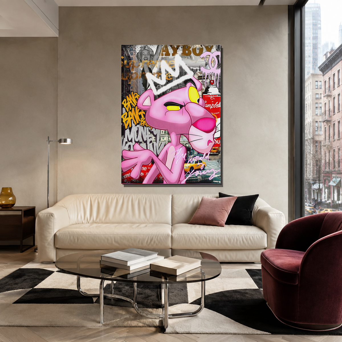 Πίνακας σε καμβά Pink Panther στο σαλόνι.