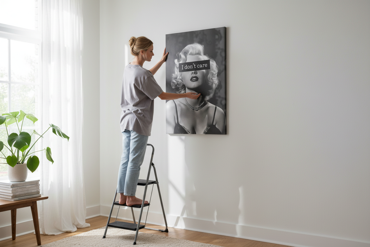 Realistic lifestyle shot - Woman hanging canvas