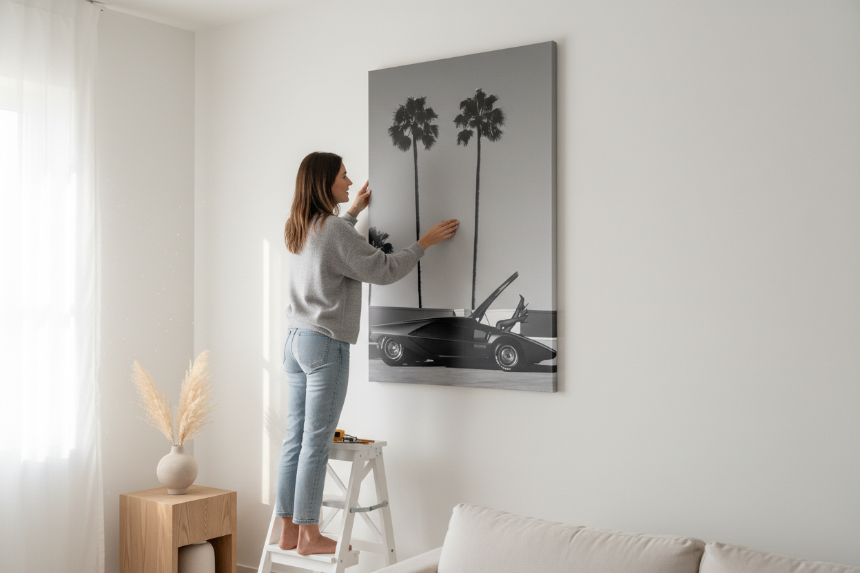Realistic lifestyle shot - Woman hanging canvas