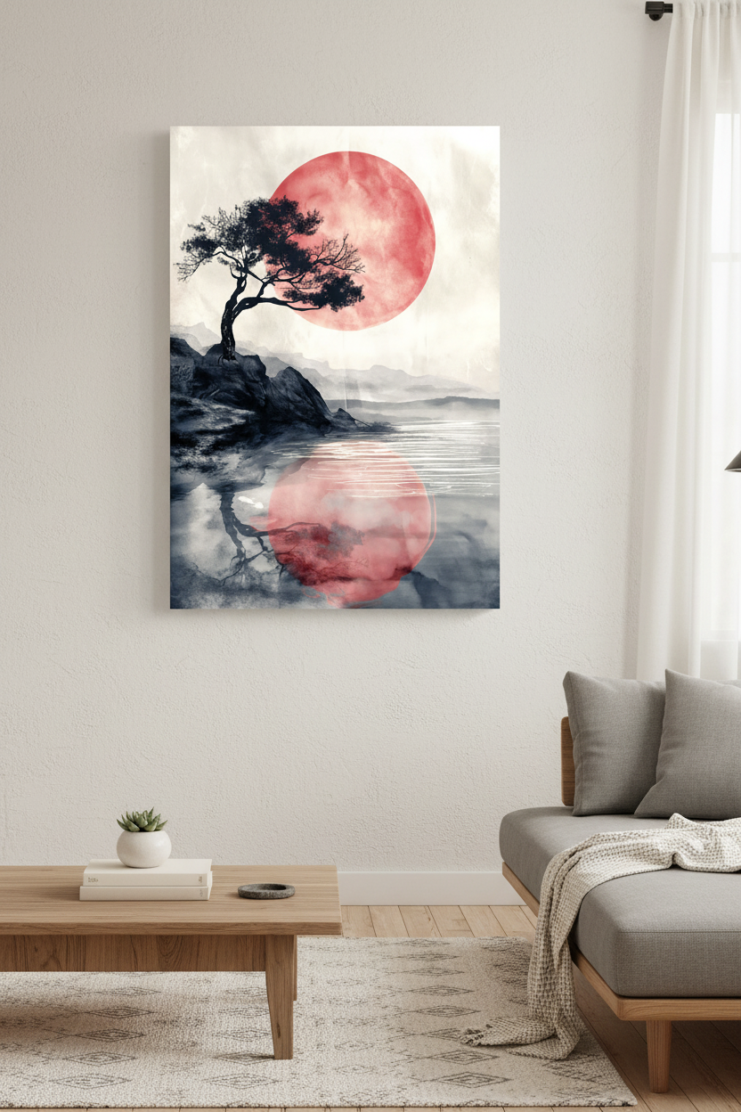 Red Moon Bonsai canvas in Zen room
