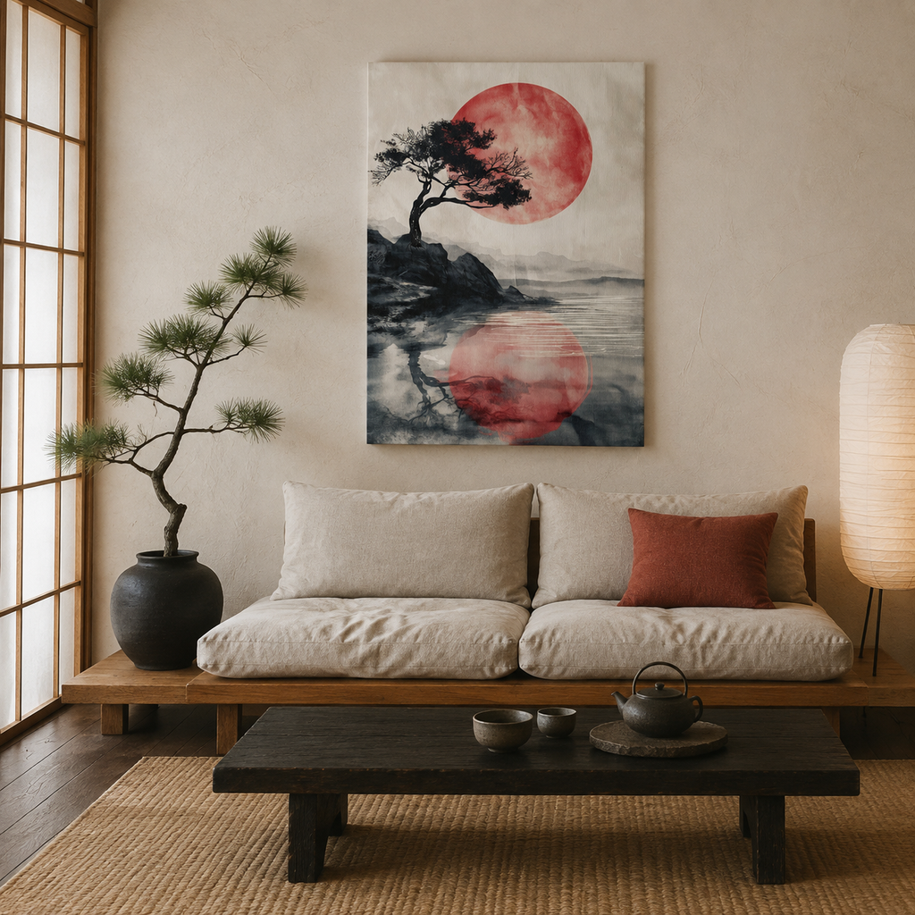 Πίνακας σε καμβά Red Moon Bonsai σε σαλόνι.