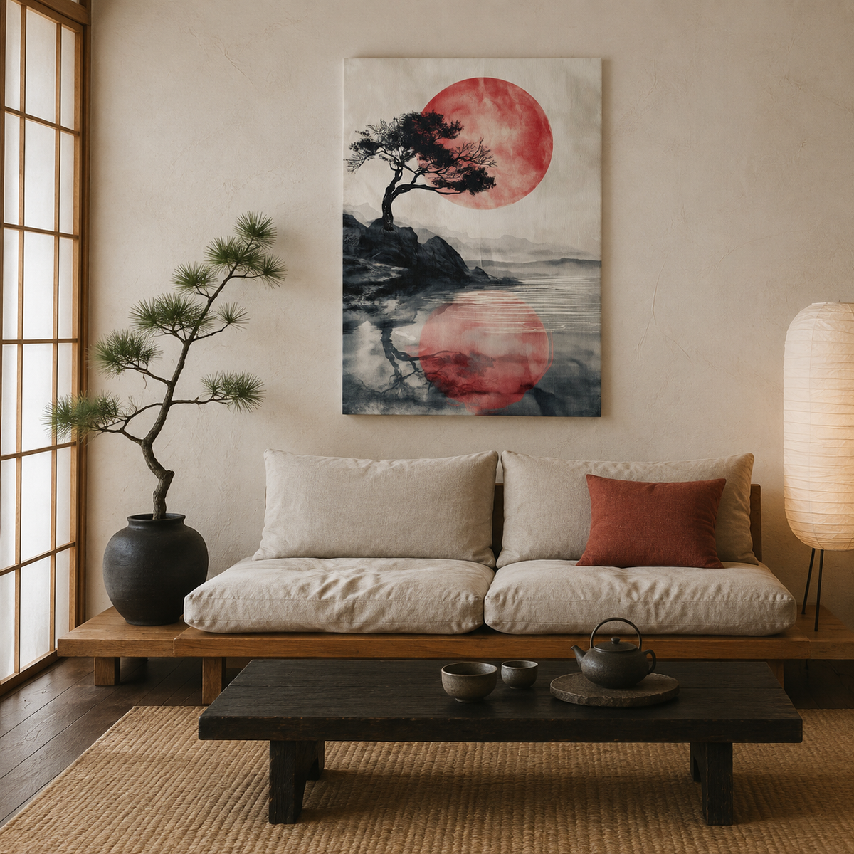 Πίνακας σε καμβά Red Moon Bonsai σε σαλόνι.