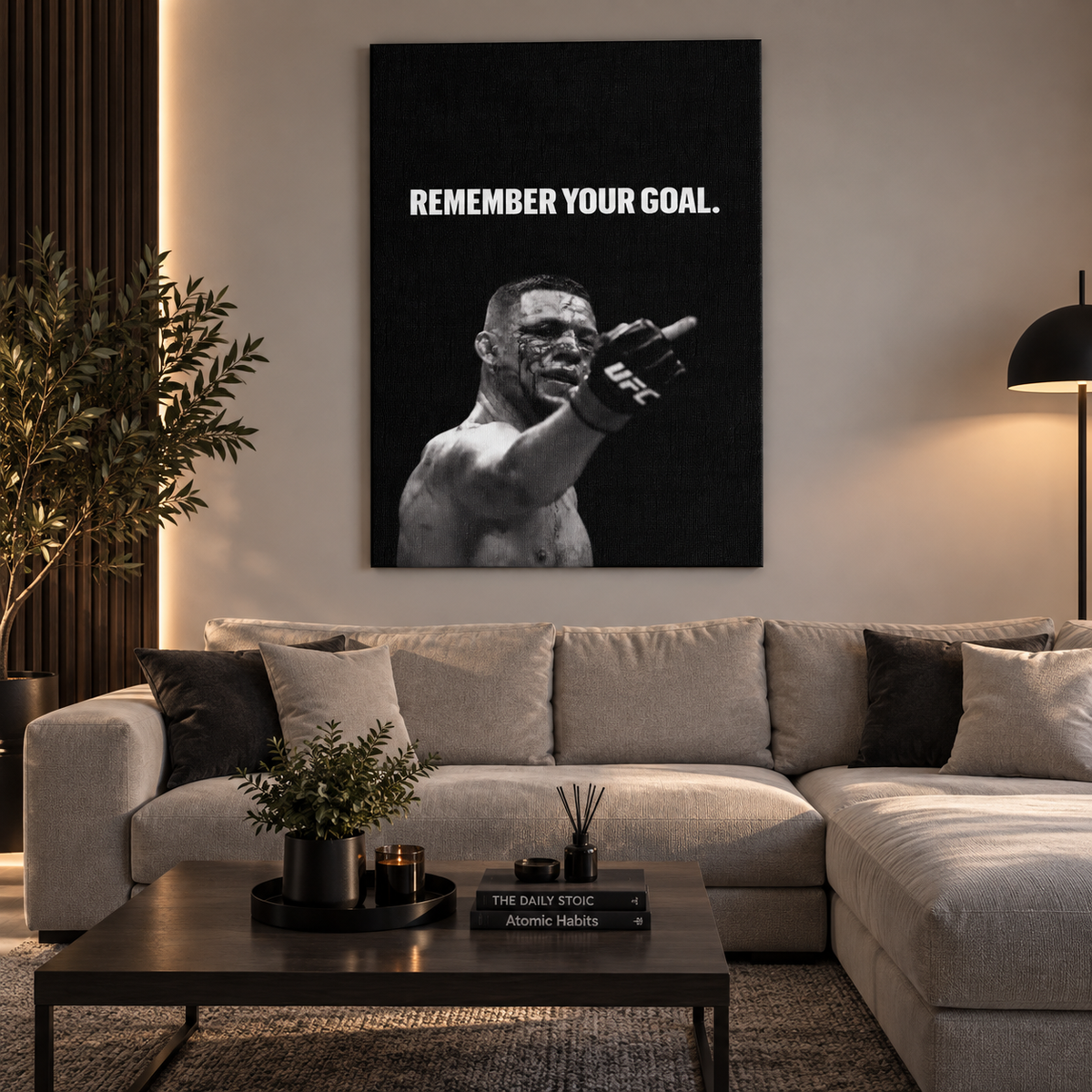 Motivational καμβάς “Remember Your Goal” με MMA fighter σε μοντέρνο και ζεστό σαλόνι.