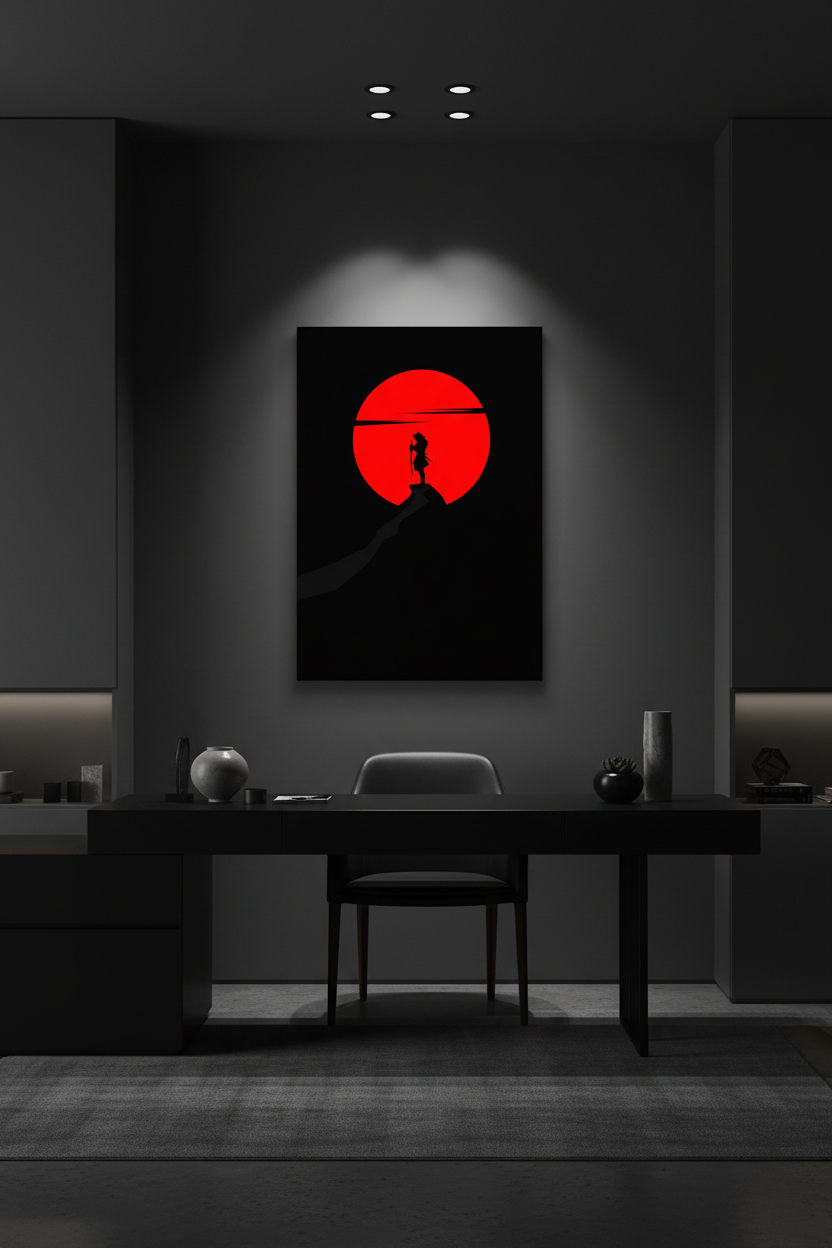 Samurai Red Moon canvas in dark room