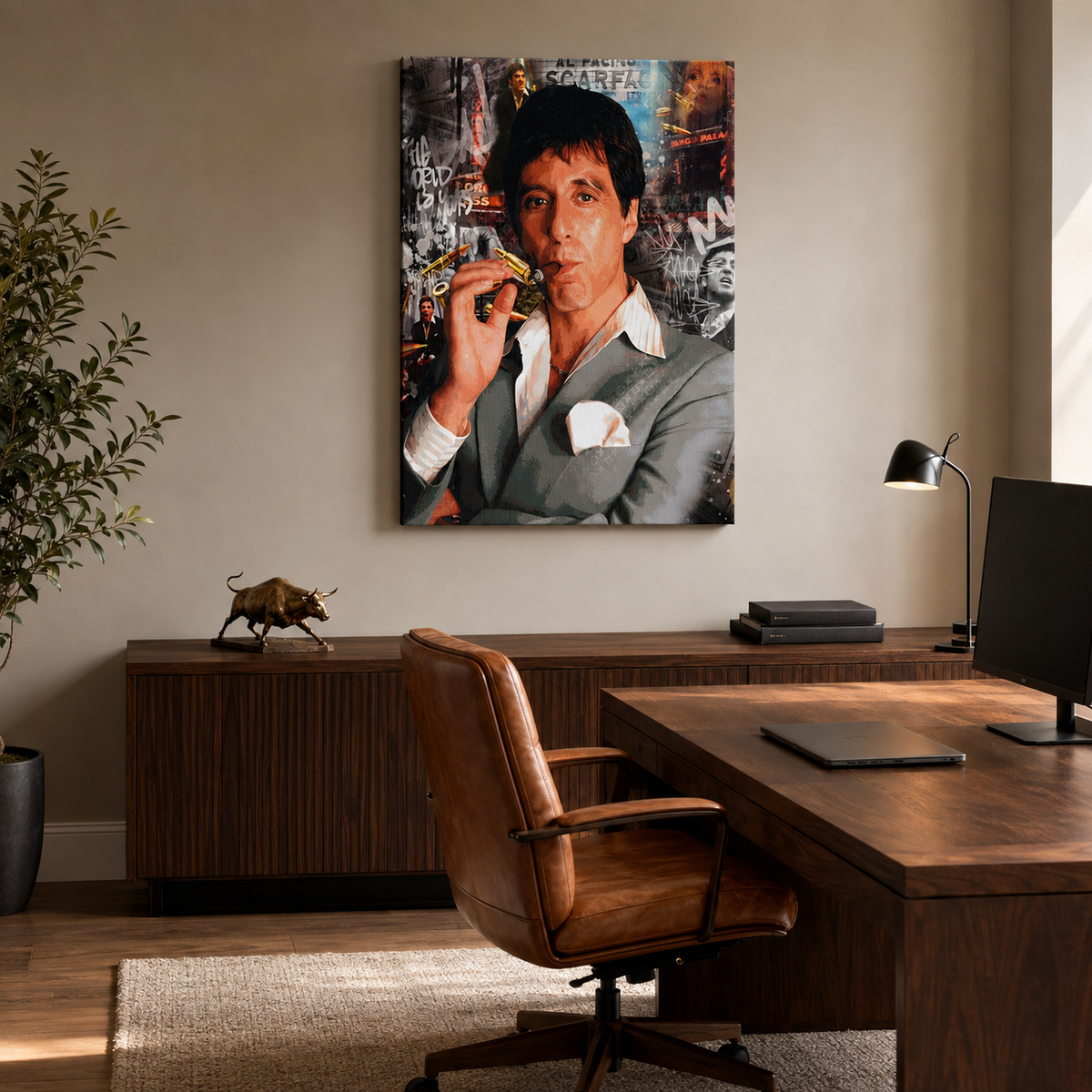 Πίνακας Scarface με τον Tony Montana και πούρο, σε μοντέρνο γραφείο με ξύλινο γραφείο και καφέ δερμάτινη καρέκλα.