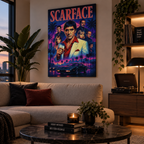 Πίνακας Scarface σε μοντέρνο σαλόνι με ζεστό φωτισμό.