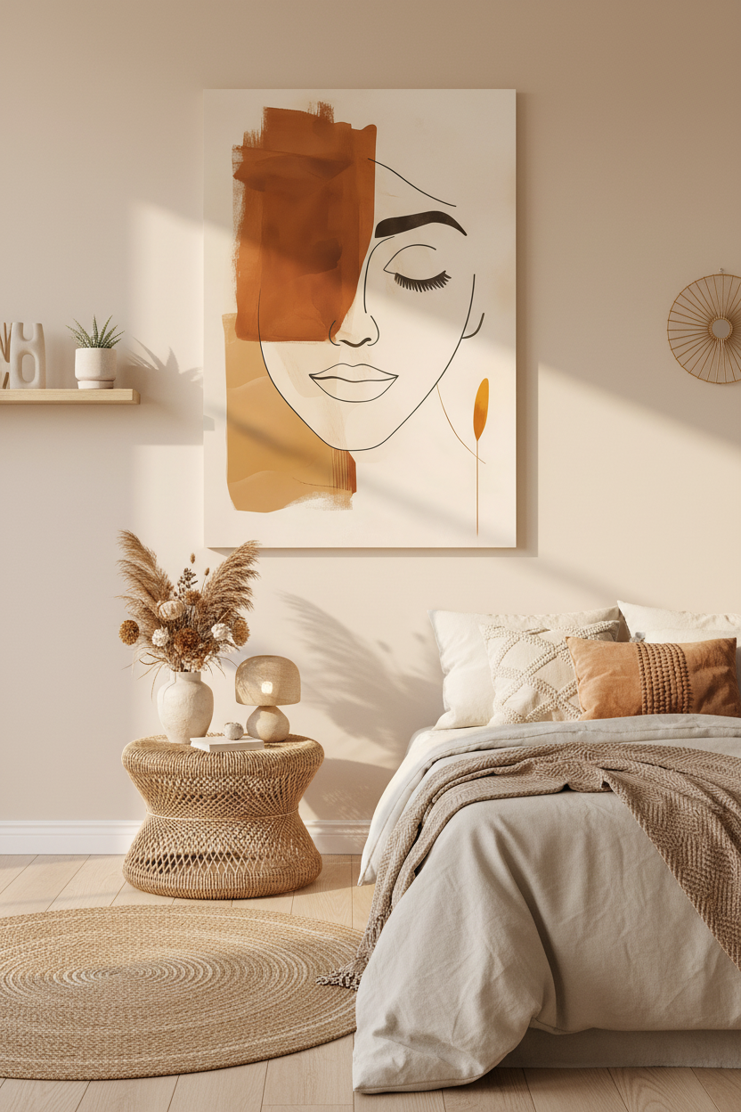 Serene Face canvas in boho room