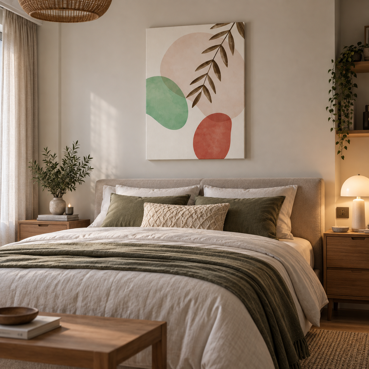 Boho abstract πίνακας με φύλλα σε μοντέρνα κρεβατοκάμαρα.