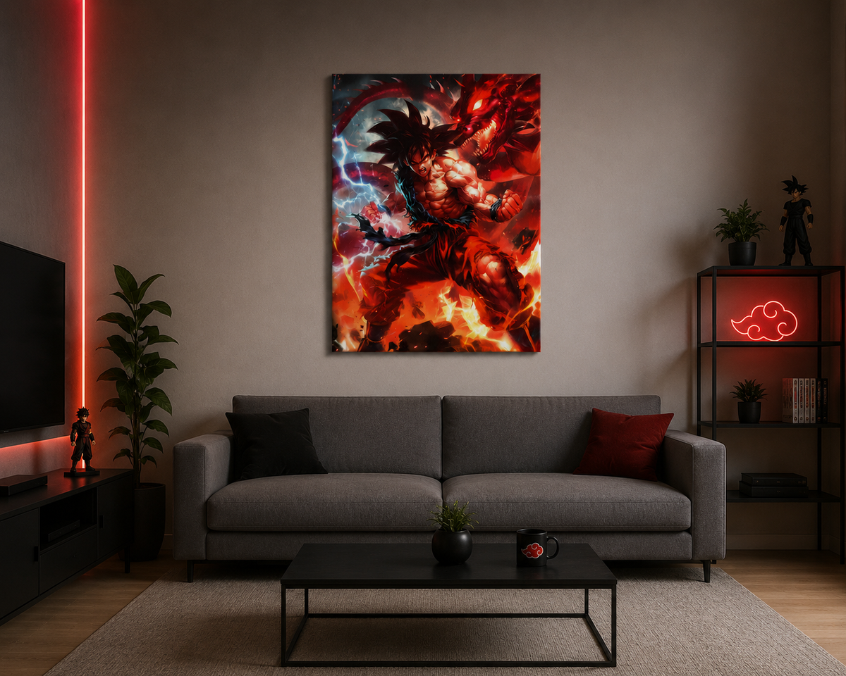 Anime πίνακας με τον Goku μαχητή και δράκο σε μοντέρνο σαλόνι.

