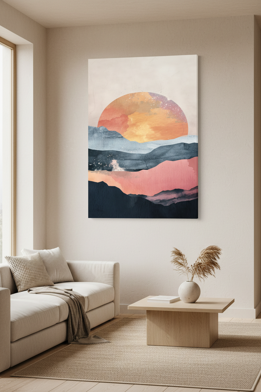 Sunset Mountains canvas in minimal room