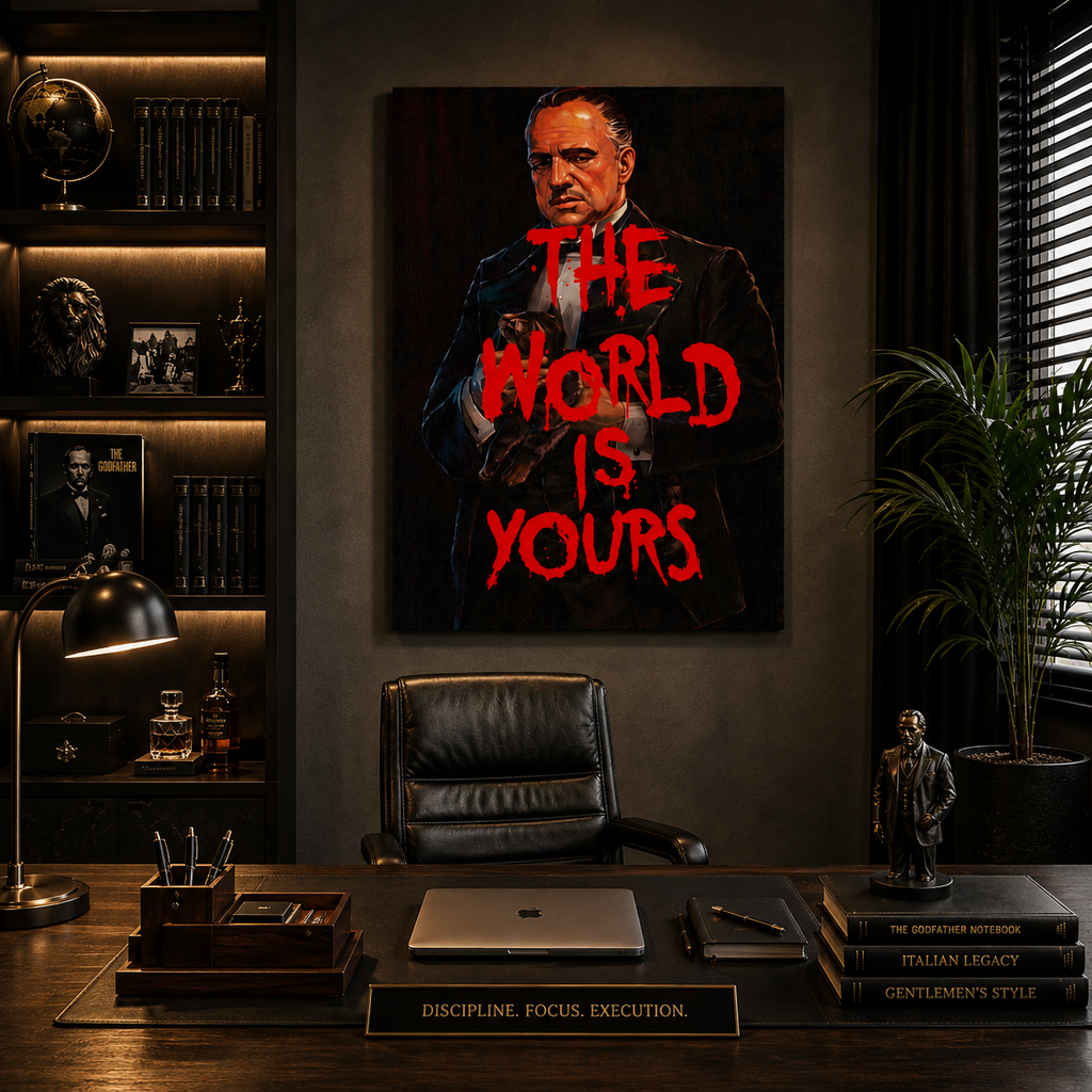 Πίνακας «The World Is Yours» σε κομψό μοντέρνο γραφείο με ξύλινο γραφείο, δερμάτινη καρέκλα και ζεστό φωτισμό.
