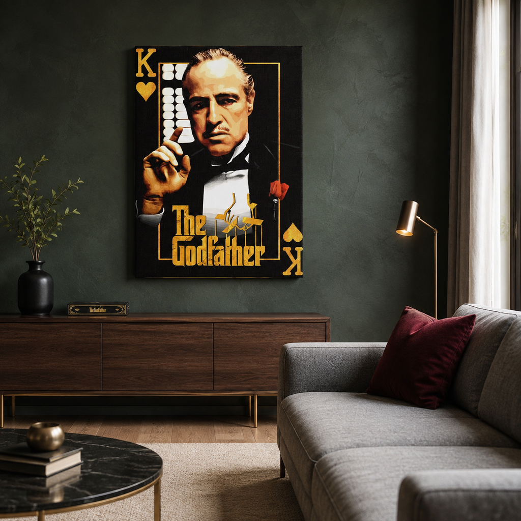 Πίνακας The Godfather με τον Don Vito Corleone σε μοντέρνο σαλόνι με γκρι καναπέ, σκούρο πράσινο τοίχο και ξύλινη διακόσμηση.