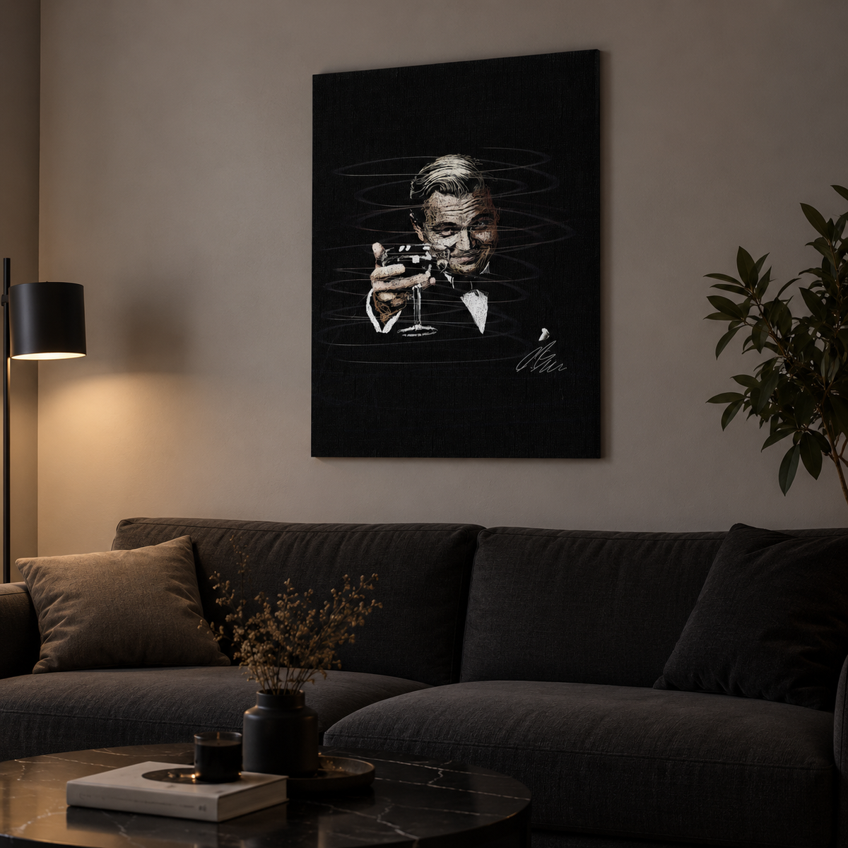 Σκοτεινός portrait πίνακας σε μοντέρνο σαλόνι.