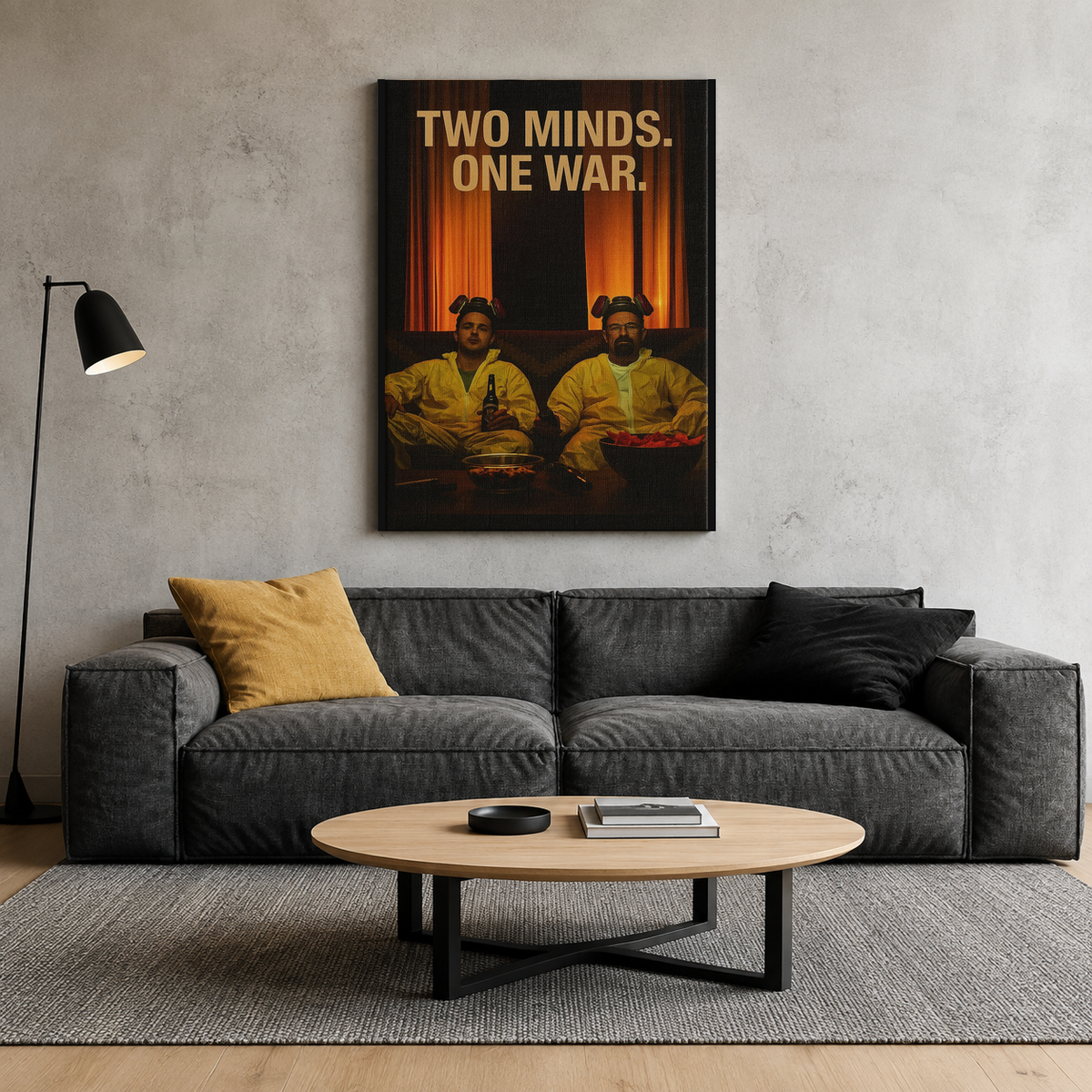 Πίνακας Breaking Bad «Two Minds, One War» σε μοντέρνο σαλόνι με σκούρο γκρι καναπέ.
