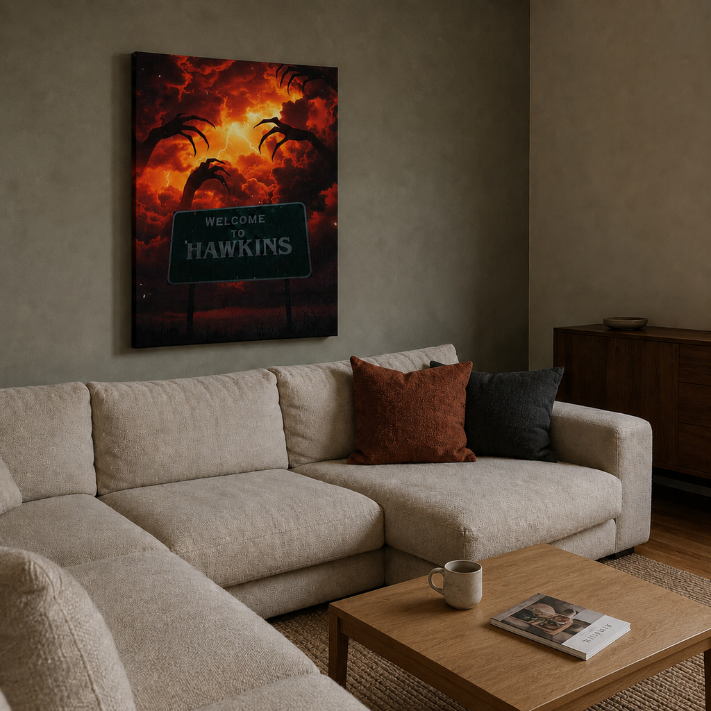 Πίνακας Stranger Things «Welcome to Hawkins» σε μοντέρνο σαλόνι με εκρού γωνιακό καναπέ.
