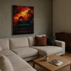 Πίνακας Stranger Things «Welcome to Hawkins» σε μοντέρνο σαλόνι με εκρού γωνιακό καναπέ.
