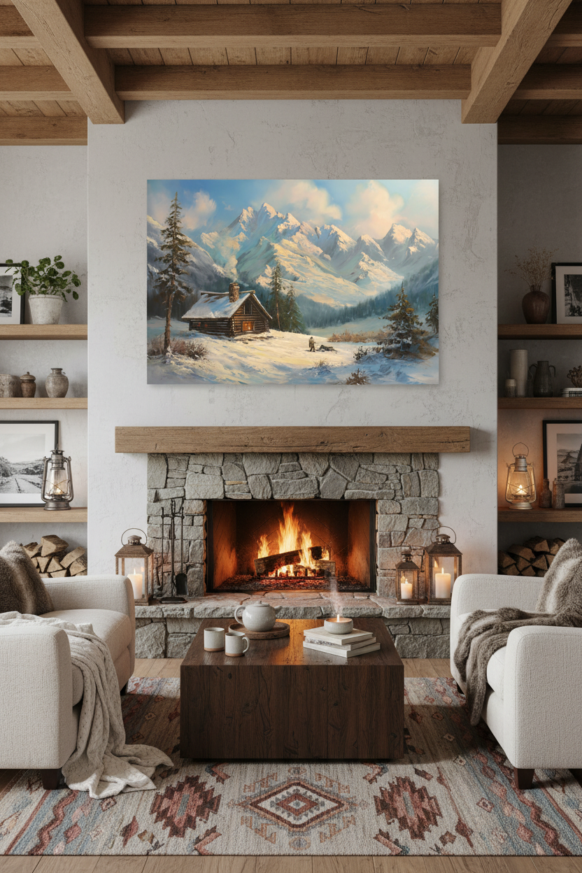 Winter Cabin canvas in rustic room
