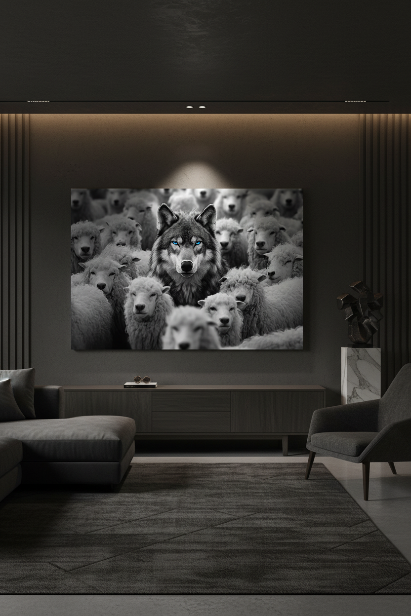 Wolf Among Sheep canvas in dark luxury room