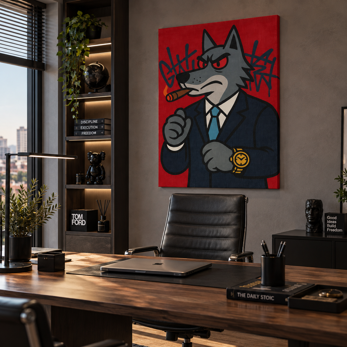 Πίνακας καμβά με wolf boss σε μοντέρνο επαγγελματικό γραφείο.