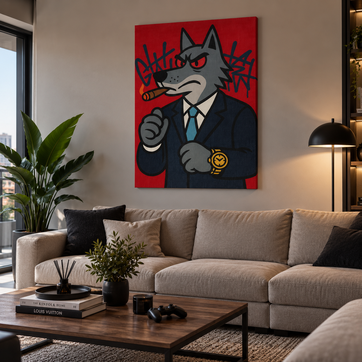 Πίνακας καμβά με wolf boss σε μοντέρνο και κομψό σαλόνι.